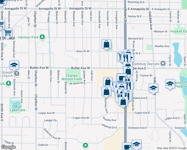 map of restaurants, bars, coffee shops, grocery stores, and more near 1146 Hall Avenue in West Saint Paul