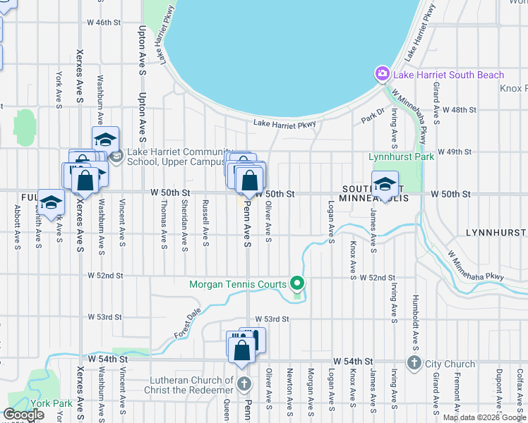 map of restaurants, bars, coffee shops, grocery stores, and more near 5024 Oliver Avenue South in Minneapolis