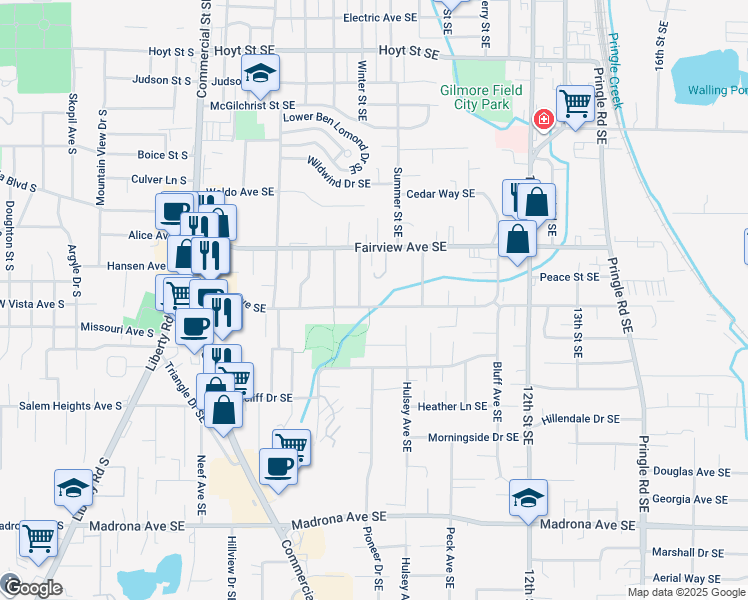 map of restaurants, bars, coffee shops, grocery stores, and more near 845 Vista Avenue Southeast in Salem