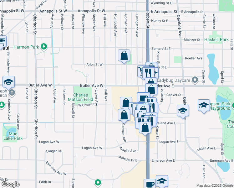 map of restaurants, bars, coffee shops, grocery stores, and more near 1146 Hall Avenue in Saint Paul
