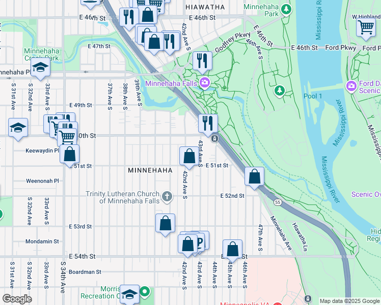 map of restaurants, bars, coffee shops, grocery stores, and more near 5030 43rd Avenue South in Minneapolis