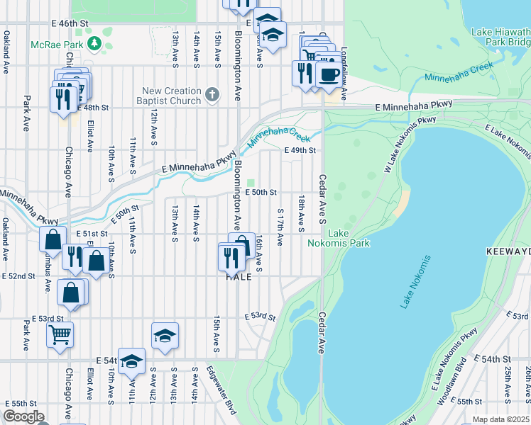 map of restaurants, bars, coffee shops, grocery stores, and more near 5028 South 17th Avenue in Minneapolis