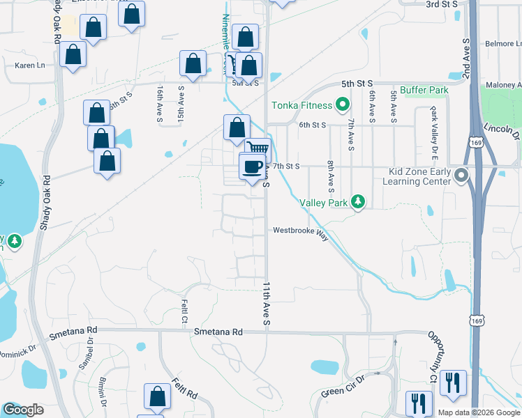 map of restaurants, bars, coffee shops, grocery stores, and more near 747 11th Avenue South in Hopkins