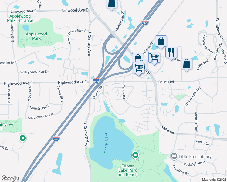 map of restaurants, bars, coffee shops, grocery stores, and more near 6147 Tahoe Circle in Woodbury