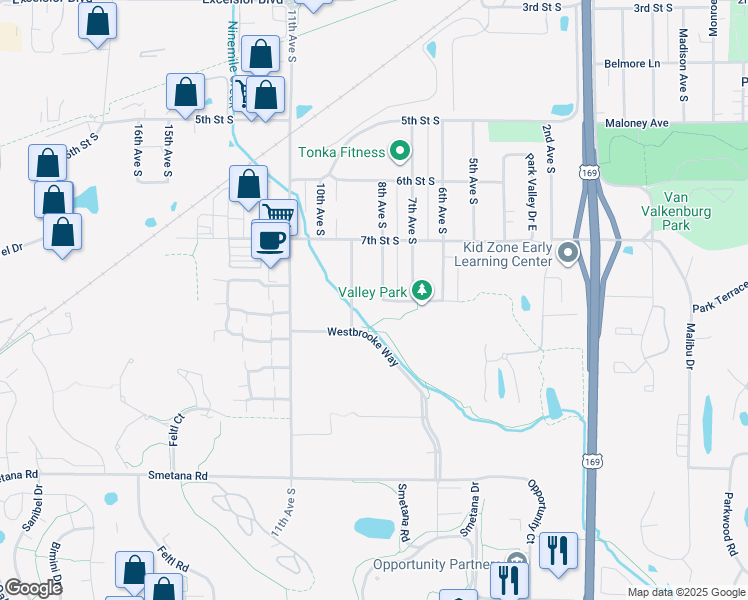 map of restaurants, bars, coffee shops, grocery stores, and more near 758 8th Avenue South in Hopkins