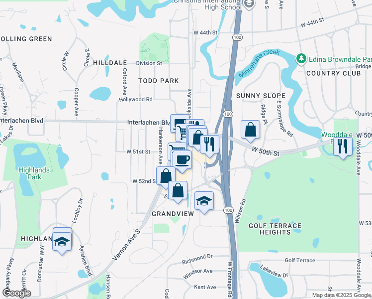 map of restaurants, bars, coffee shops, grocery stores, and more near 5013 Vernon Avenue South in Edina