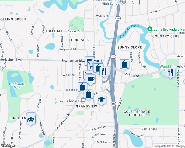 map of restaurants, bars, coffee shops, grocery stores, and more near 5013 Vernon Avenue South in Edina