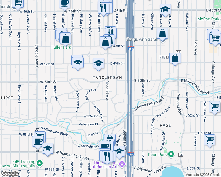 map of restaurants, bars, coffee shops, grocery stores, and more near 5041 Nicollet Avenue in Minneapolis