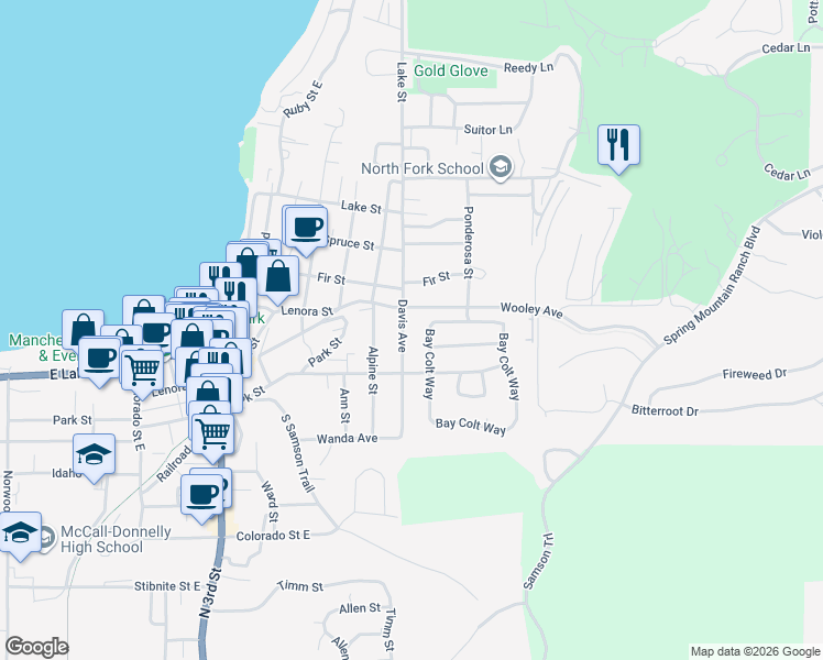 map of restaurants, bars, coffee shops, grocery stores, and more near 1106 Bay Colt Way in McCall