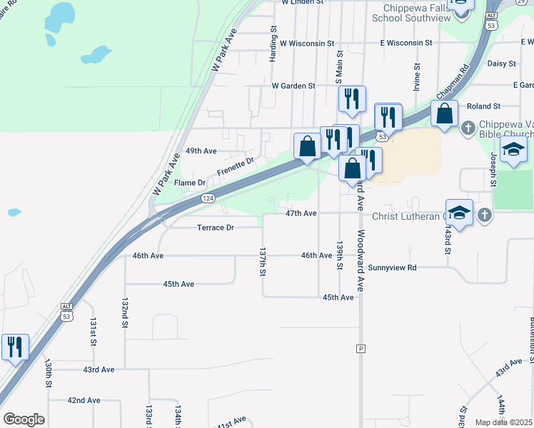 map of restaurants, bars, coffee shops, grocery stores, and more near 406 Terrace Drive in Chippewa Falls