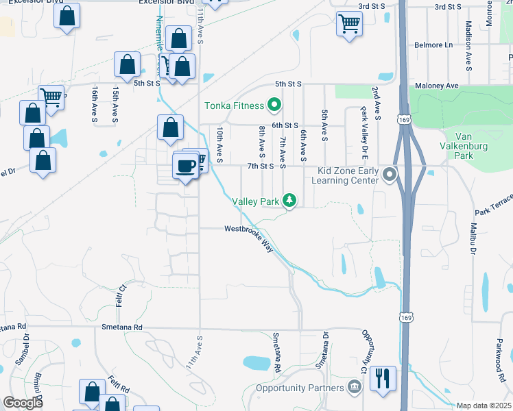 map of restaurants, bars, coffee shops, grocery stores, and more near 758 8th Avenue South in Hopkins