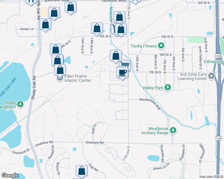 map of restaurants, bars, coffee shops, grocery stores, and more near 1316 Landmark Trail North in Hopkins
