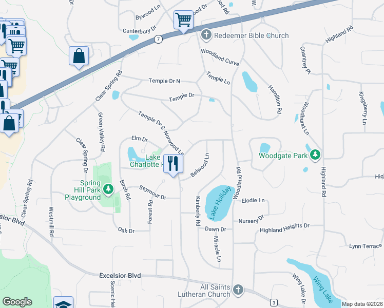 map of restaurants, bars, coffee shops, grocery stores, and more near 5062 Belwood Lane in Minnetonka