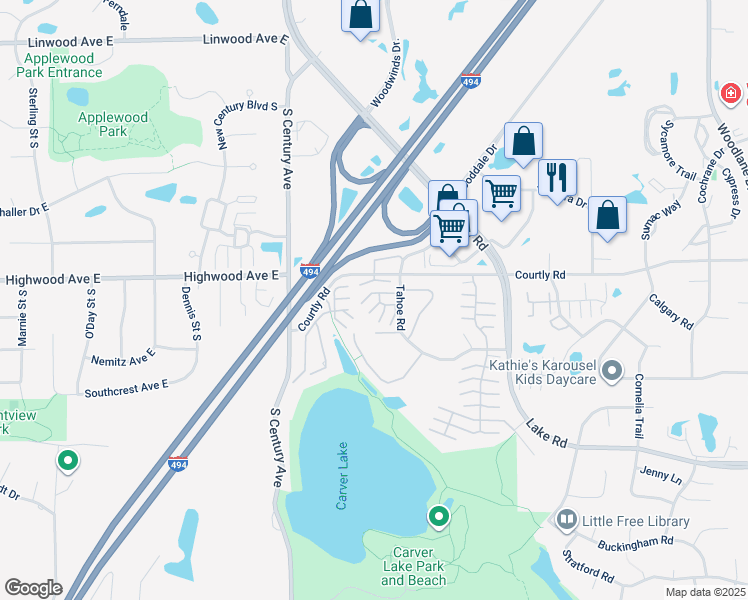 map of restaurants, bars, coffee shops, grocery stores, and more near 6147 Tahoe Circle in Woodbury