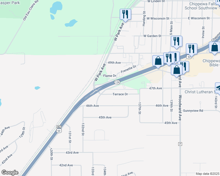map of restaurants, bars, coffee shops, grocery stores, and more near 409 Prairie View Road in Chippewa Falls