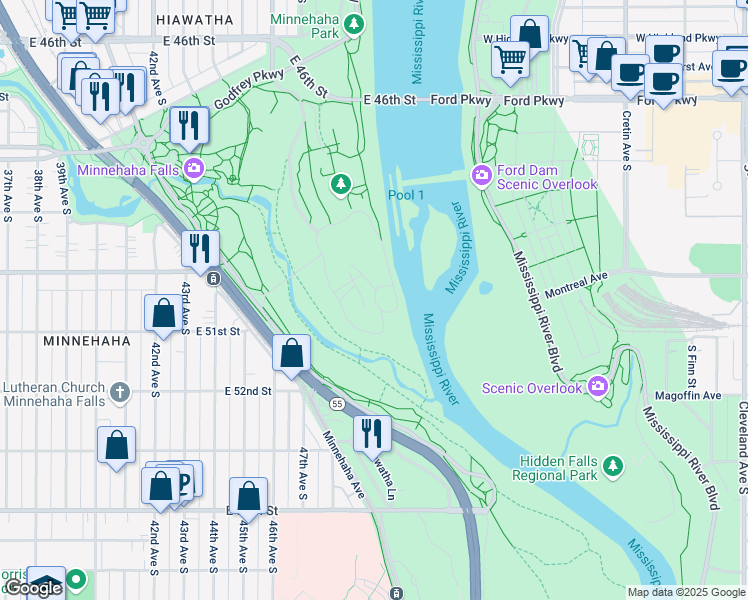 map of restaurants, bars, coffee shops, grocery stores, and more near in Minneapolis