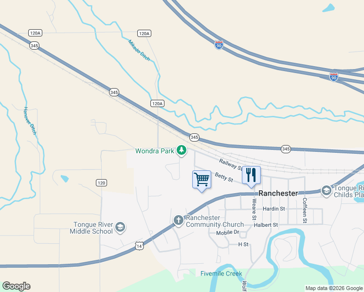 map of restaurants, bars, coffee shops, grocery stores, and more near 2 Wondra Avenue in Ranchester