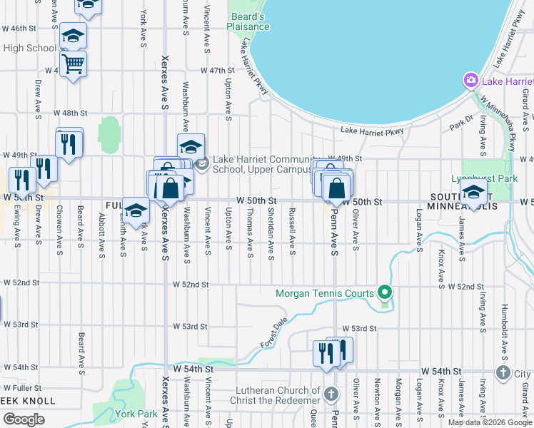 map of restaurants, bars, coffee shops, grocery stores, and more near 5016 Sheridan Avenue South in Minneapolis