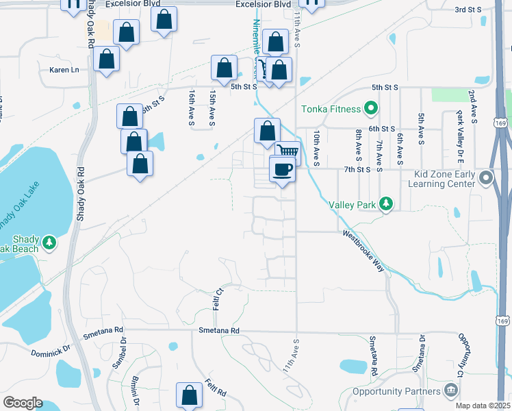 map of restaurants, bars, coffee shops, grocery stores, and more near 1316 Landmark Trail North in Hopkins