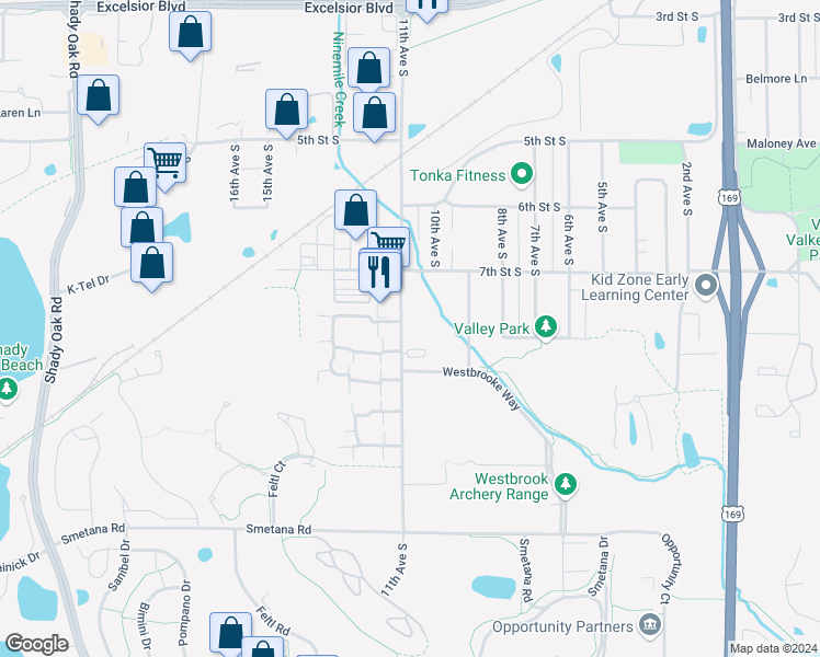 map of restaurants, bars, coffee shops, grocery stores, and more near 747 11th Avenue South in Hopkins