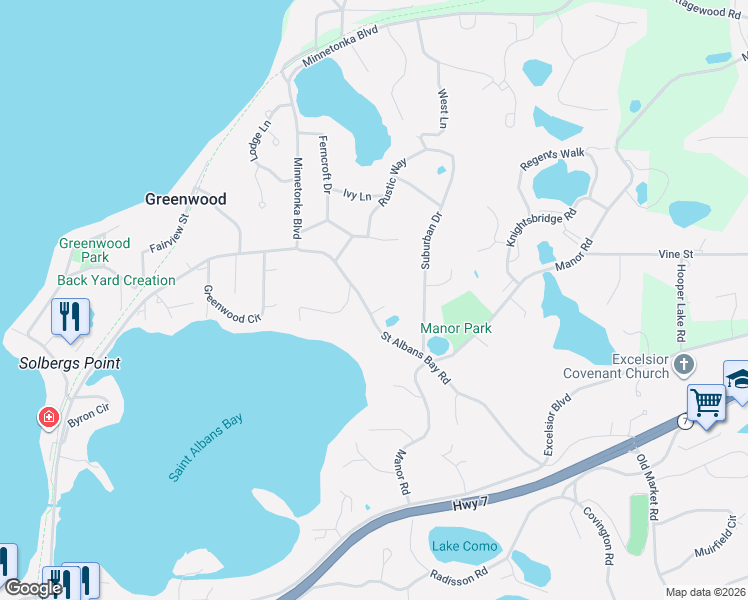 map of restaurants, bars, coffee shops, grocery stores, and more near 5081 Saint Albans Bay Road in Excelsior