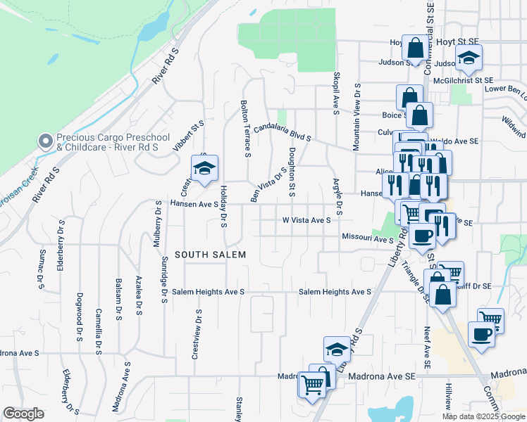 map of restaurants, bars, coffee shops, grocery stores, and more near 3030 Felton Street South in Salem