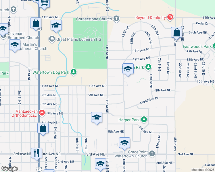 map of restaurants, bars, coffee shops, grocery stores, and more near 998 11th St NE in Watertown
