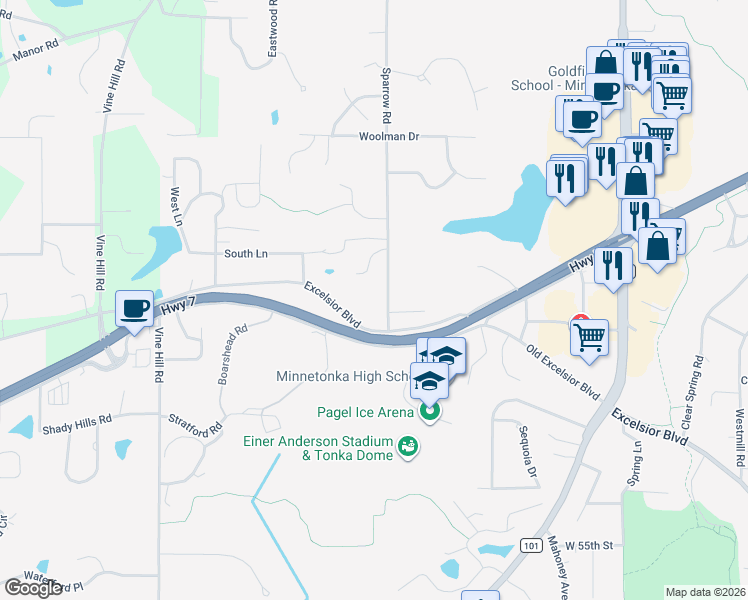 map of restaurants, bars, coffee shops, grocery stores, and more near 18420 Excelsior Boulevard in Minnetonka