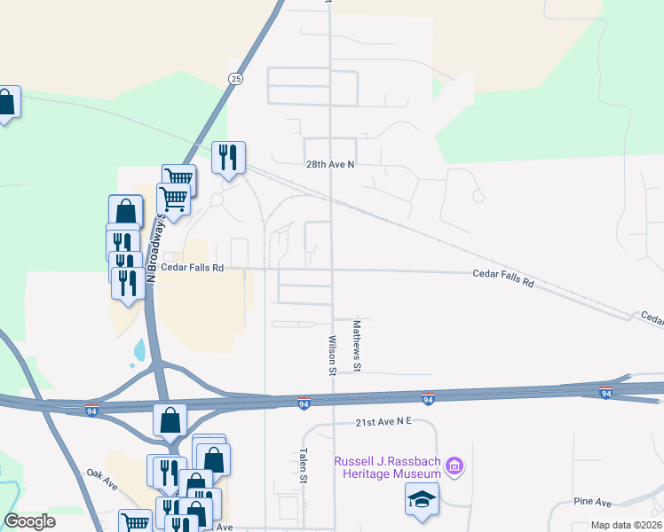 map of restaurants, bars, coffee shops, grocery stores, and more near 2417 Wilson Street in Menomonie