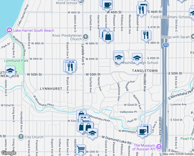 map of restaurants, bars, coffee shops, grocery stores, and more near 5029 Garfield Avenue in Minneapolis