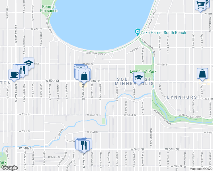 map of restaurants, bars, coffee shops, grocery stores, and more near 5029 Morgan Avenue South in Minneapolis