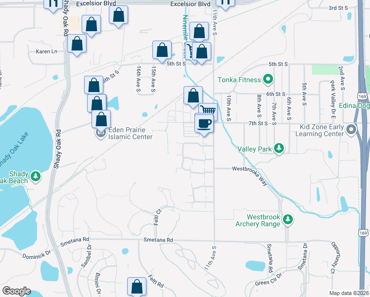 map of restaurants, bars, coffee shops, grocery stores, and more near 1316 Landmark Trail North in Hopkins