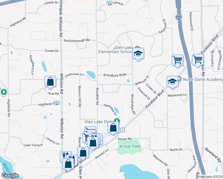 map of restaurants, bars, coffee shops, grocery stores, and more near 14201 Glenridge Road in Minnetonka