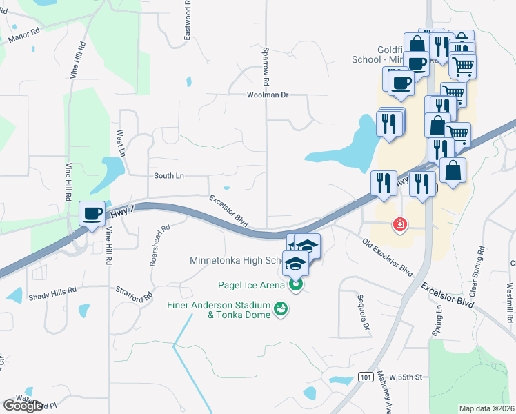 map of restaurants, bars, coffee shops, grocery stores, and more near 18420 Excelsior Boulevard in Minnetonka