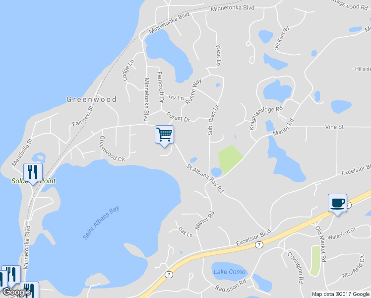 map of restaurants, bars, coffee shops, grocery stores, and more near 5081 Saint Albans Bay Road in Excelsior