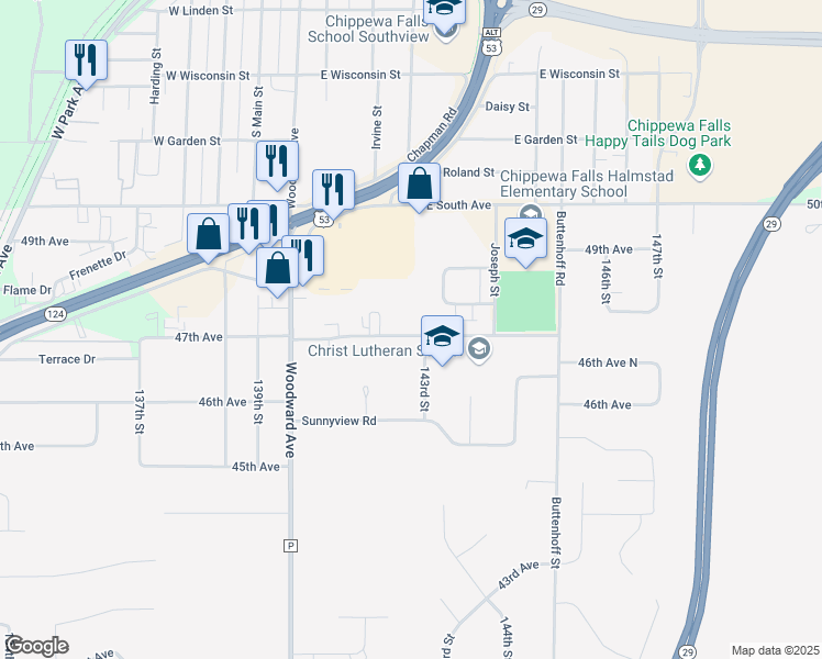 map of restaurants, bars, coffee shops, grocery stores, and more near 312 East Colome Street in Lake Hallie