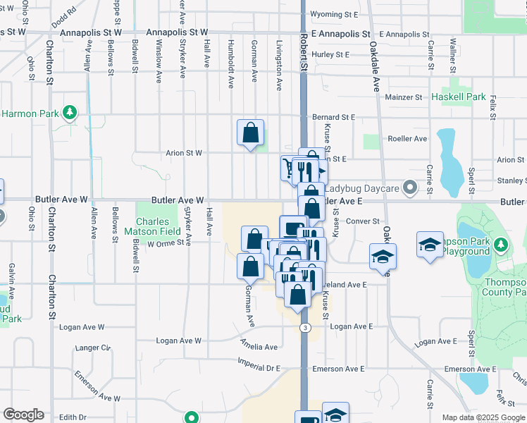 map of restaurants, bars, coffee shops, grocery stores, and more near 45 Butler Avenue West in West Saint Paul