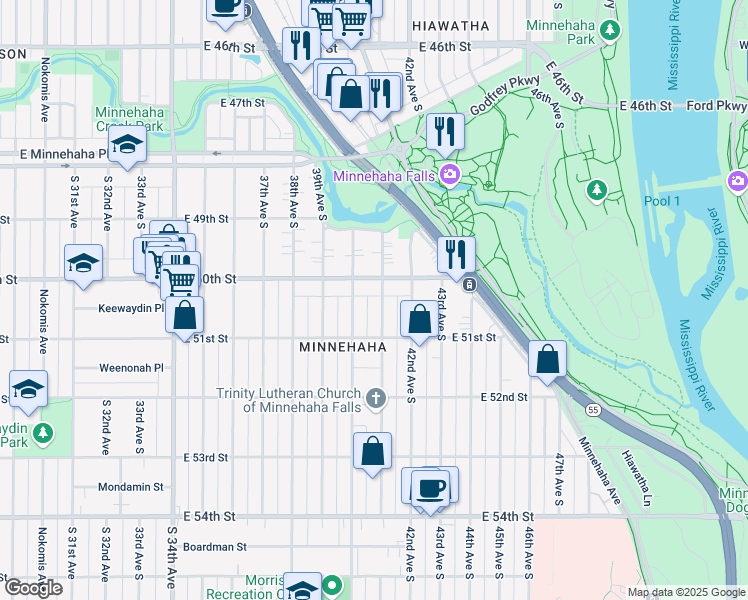 map of restaurants, bars, coffee shops, grocery stores, and more near 5030 41st Avenue South in Minneapolis
