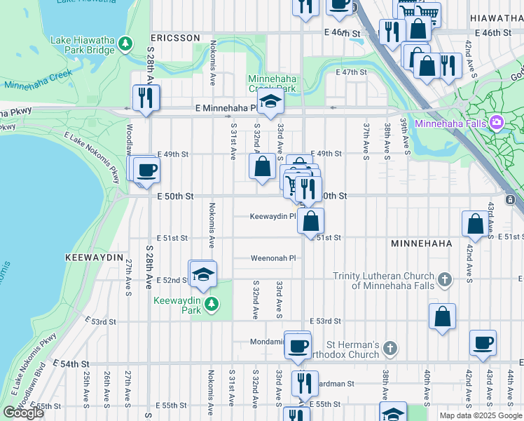 map of restaurants, bars, coffee shops, grocery stores, and more near 3211 Keewaydin Place in Minneapolis