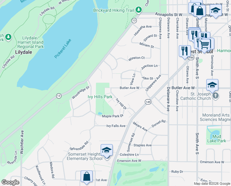 map of restaurants, bars, coffee shops, grocery stores, and more near 1132 Ivy Hill Drive in Mendota Heights