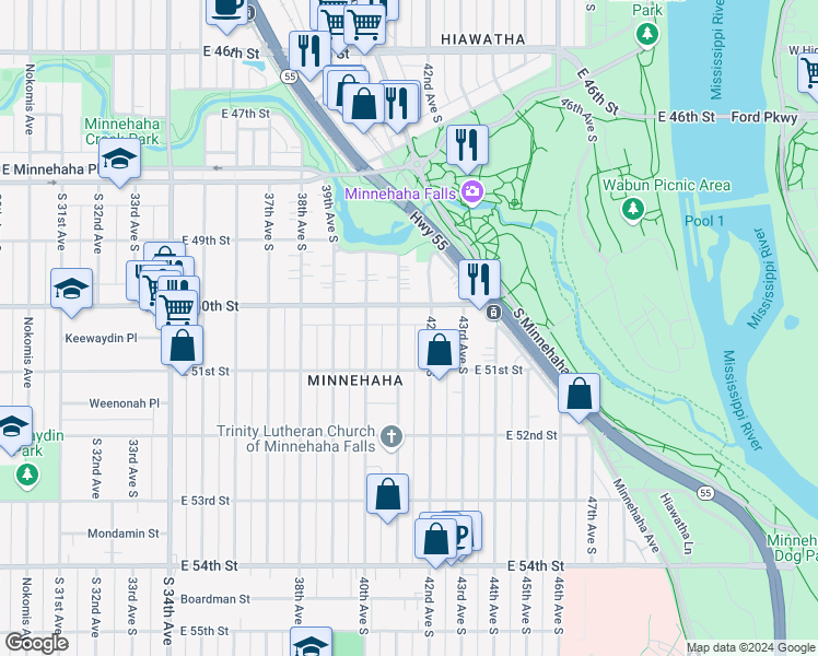map of restaurants, bars, coffee shops, grocery stores, and more near 5032 42nd Avenue South in Minneapolis