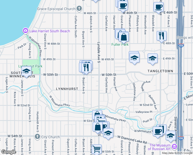 map of restaurants, bars, coffee shops, grocery stores, and more near 5021 Lyndale Avenue South in Minneapolis