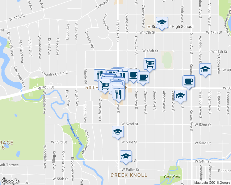 map of restaurants, bars, coffee shops, grocery stores, and more near 4050 West 51st Street in Edina