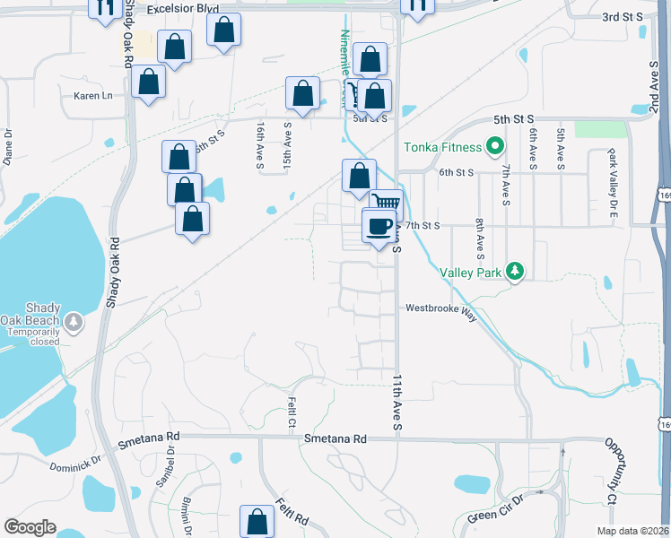 map of restaurants, bars, coffee shops, grocery stores, and more near 1316 Landmark Trail North in Hopkins