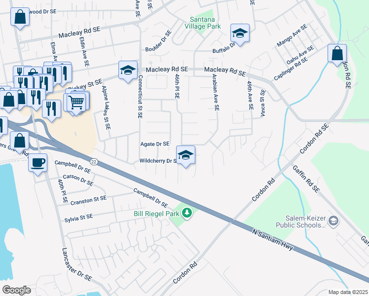 map of restaurants, bars, coffee shops, grocery stores, and more near 1498 Arabian Avenue Southeast in Salem