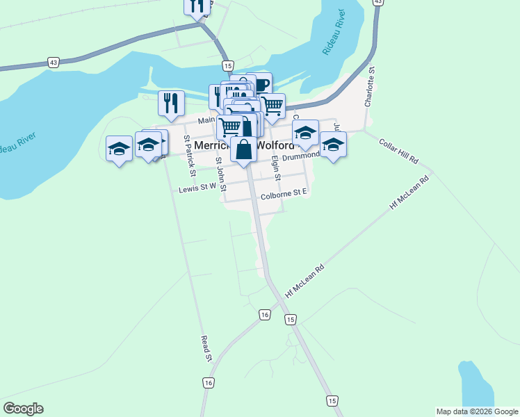 map of restaurants, bars, coffee shops, grocery stores, and more near 629 Saint Lawrence Street in Merrickville