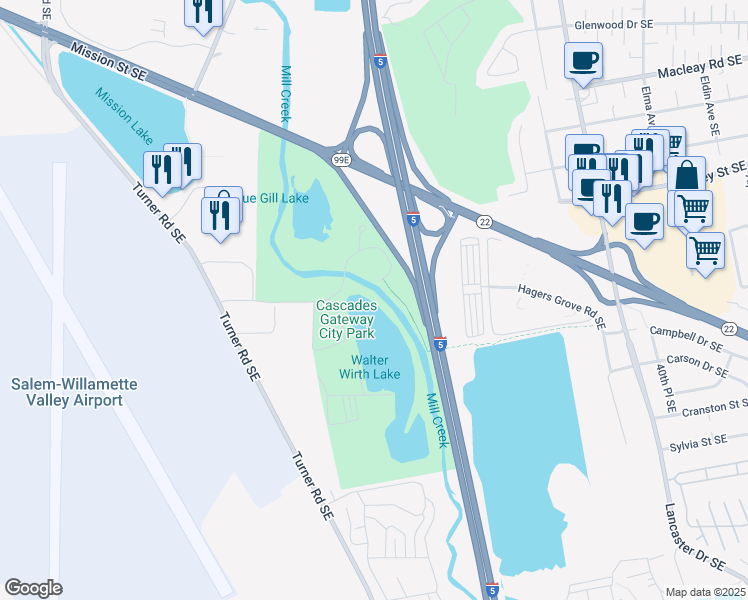 map of restaurants, bars, coffee shops, grocery stores, and more near 2100 Turner Road Southeast in Salem