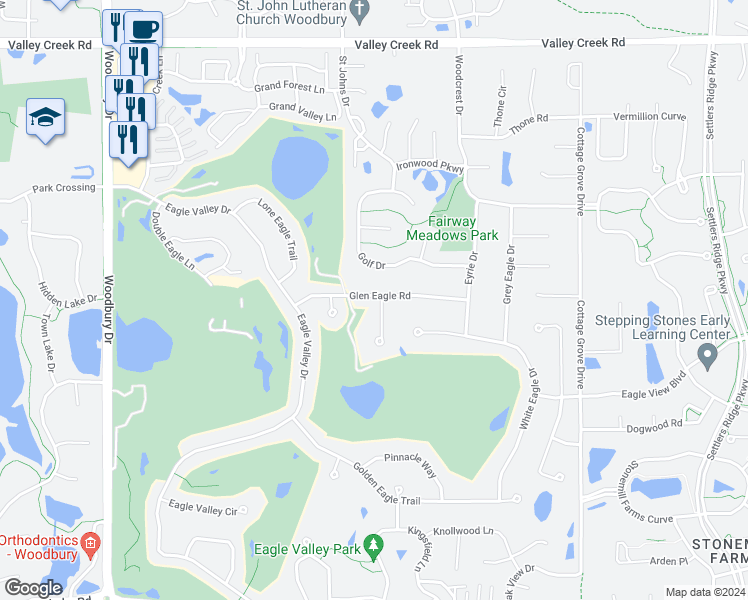 map of restaurants, bars, coffee shops, grocery stores, and more near 10559 Glen Eagle Road in Woodbury