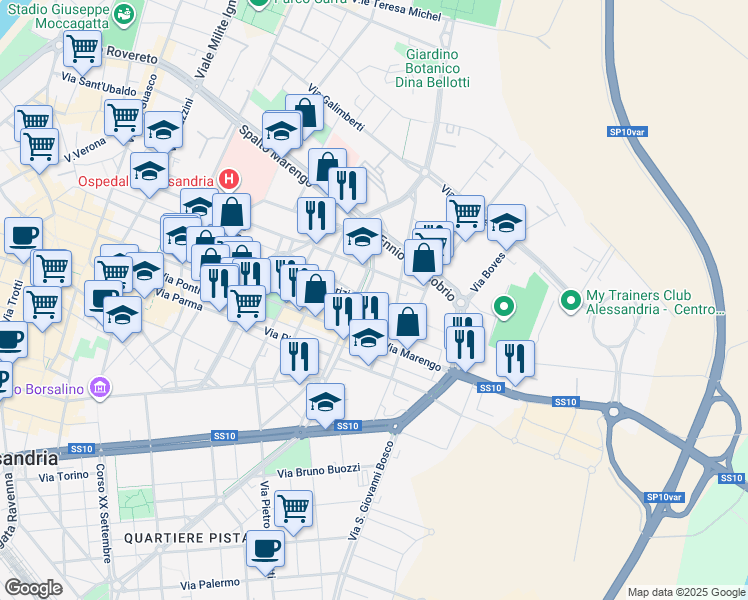 map of restaurants, bars, coffee shops, grocery stores, and more near 24 Via Carlo Pisacane in Alessandria