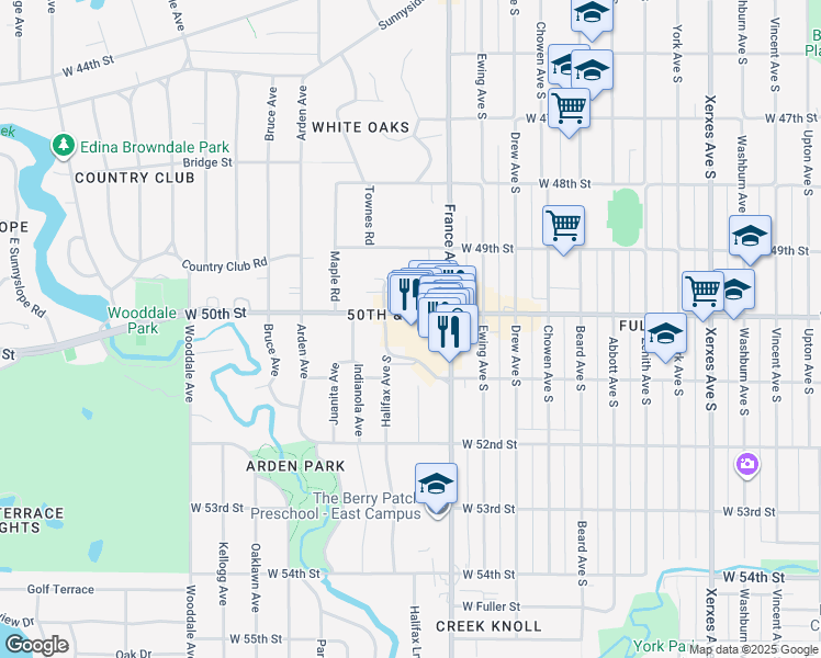 map of restaurants, bars, coffee shops, grocery stores, and more near 3943 West 50th Street in Edina